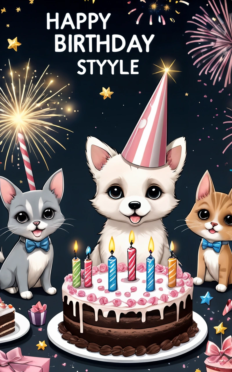 A Birthday card with two cats and a cake with candles and a cat wearing a bow tie and a cat wearing a bow tie and a Birthday hat, cute and funny, a screenshot, furry art