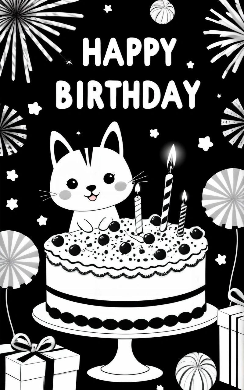 A black and white Birthday card with a cat on a cake and fireworks in the background with a gift box and a gift box on the table, grey background, a pastel, naive art