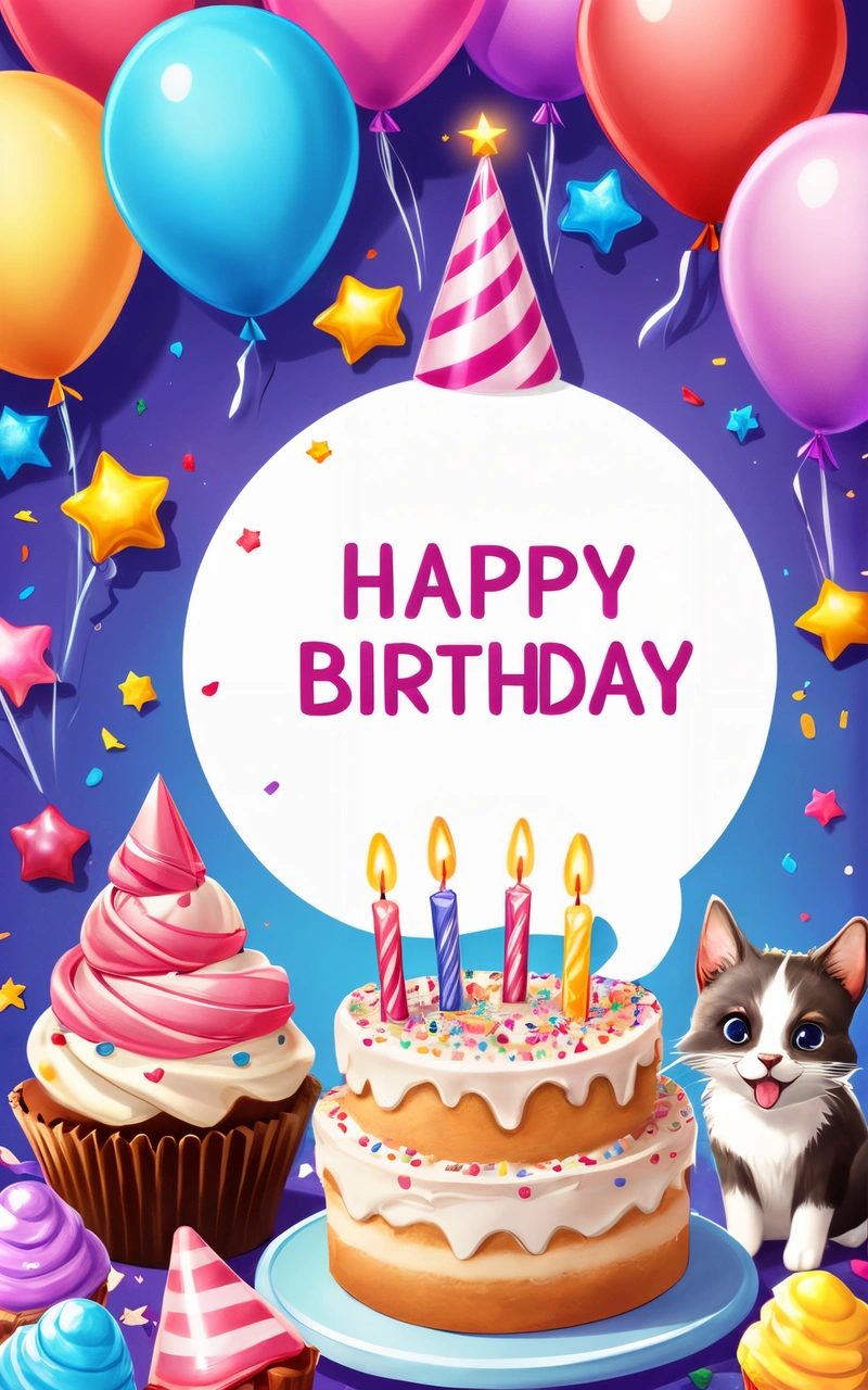 A Birthday card with a cat and cupcakes and balloons in the background with a happy Birthday sign in the middle of the card, plain background, a pastel, naive art