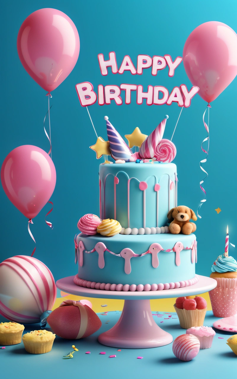 A Birthday cake with balloons and a teddy bear on top of it with a happy Birthday message on top of it with a teddy bear, plain background, a pastel, naive art