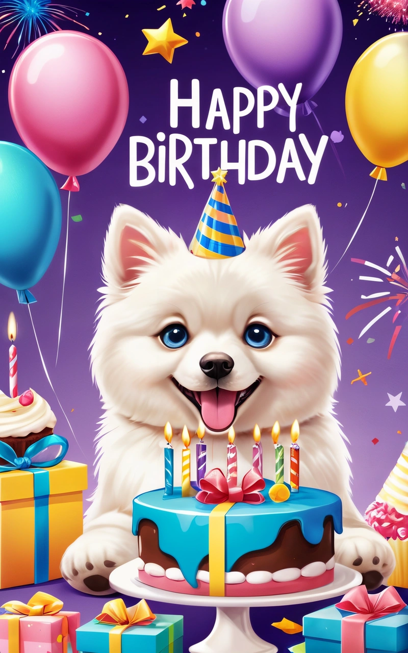 A happy Birthday card with a dog and presents and balloons and gifts on a purple background with a happy Birthday message in the center of the card, happy, a digital rendering, furry art