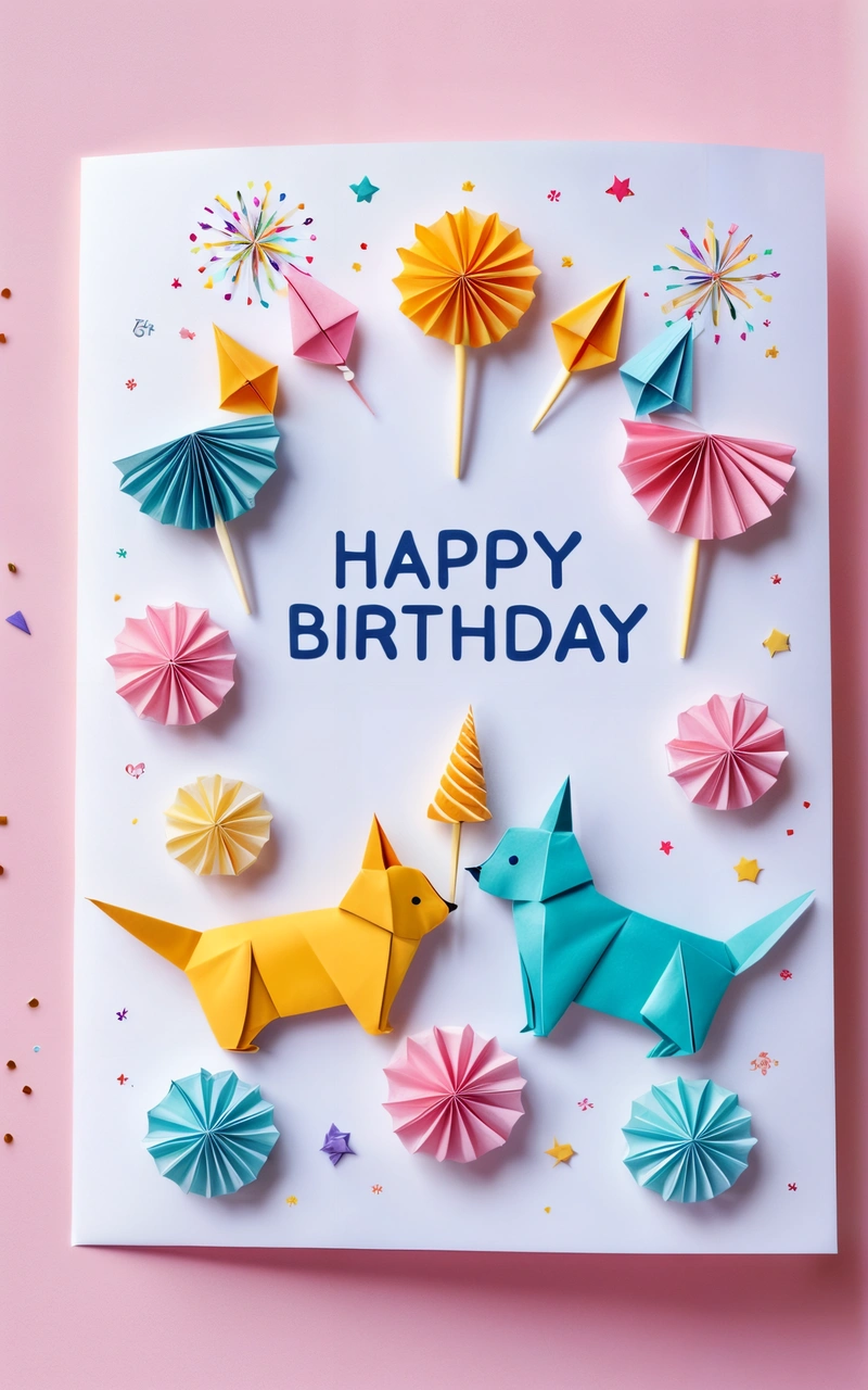 A Birthday card with origami animals and umbrellas on it, and the words happy Birthday written on the card, on a pink background, paper texture, a poster, international typographic style