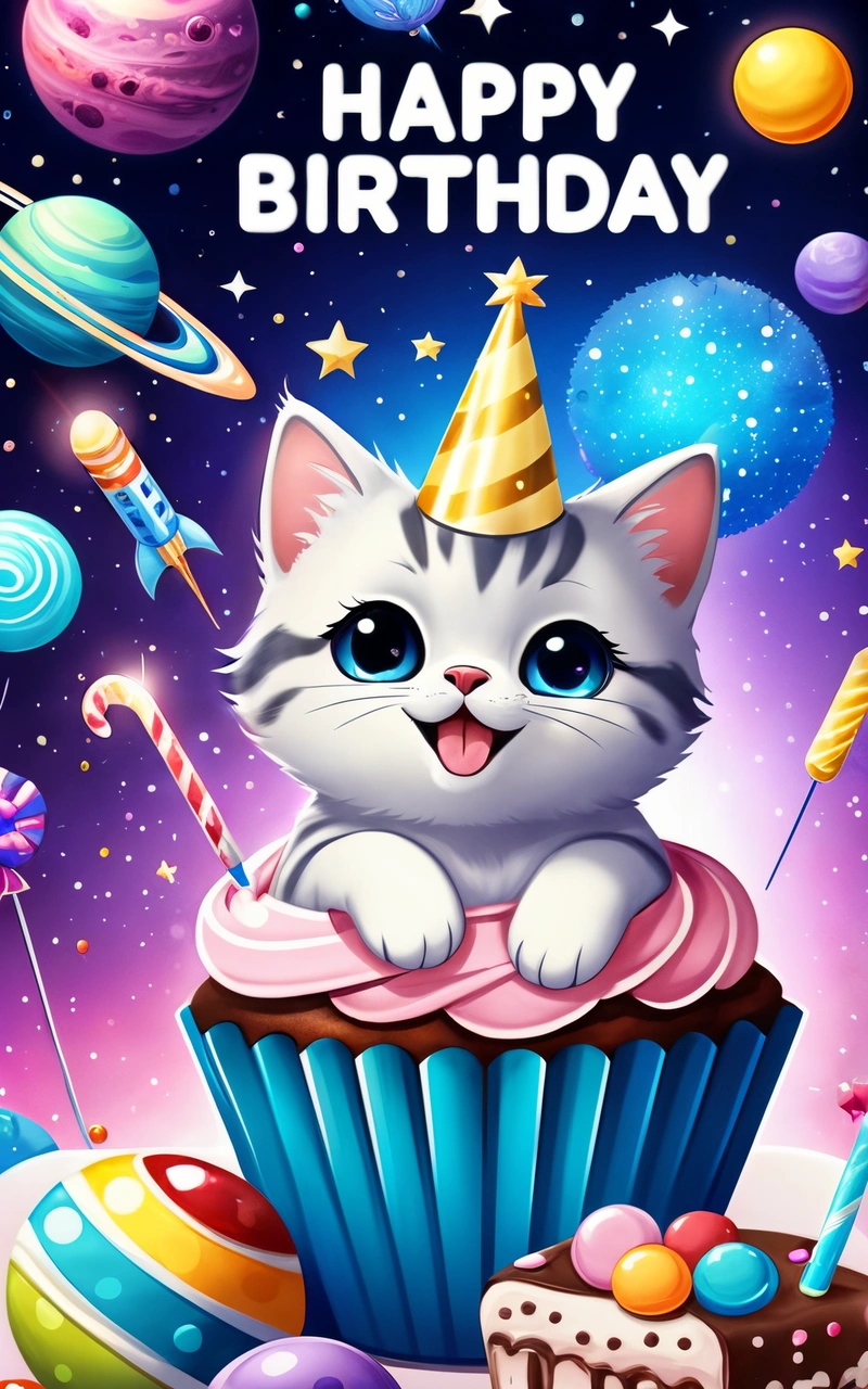 A cat sitting on top of a cupcake with a party hat on it's head and a space background with planets and stars, cute and funny, a character portrait, space art