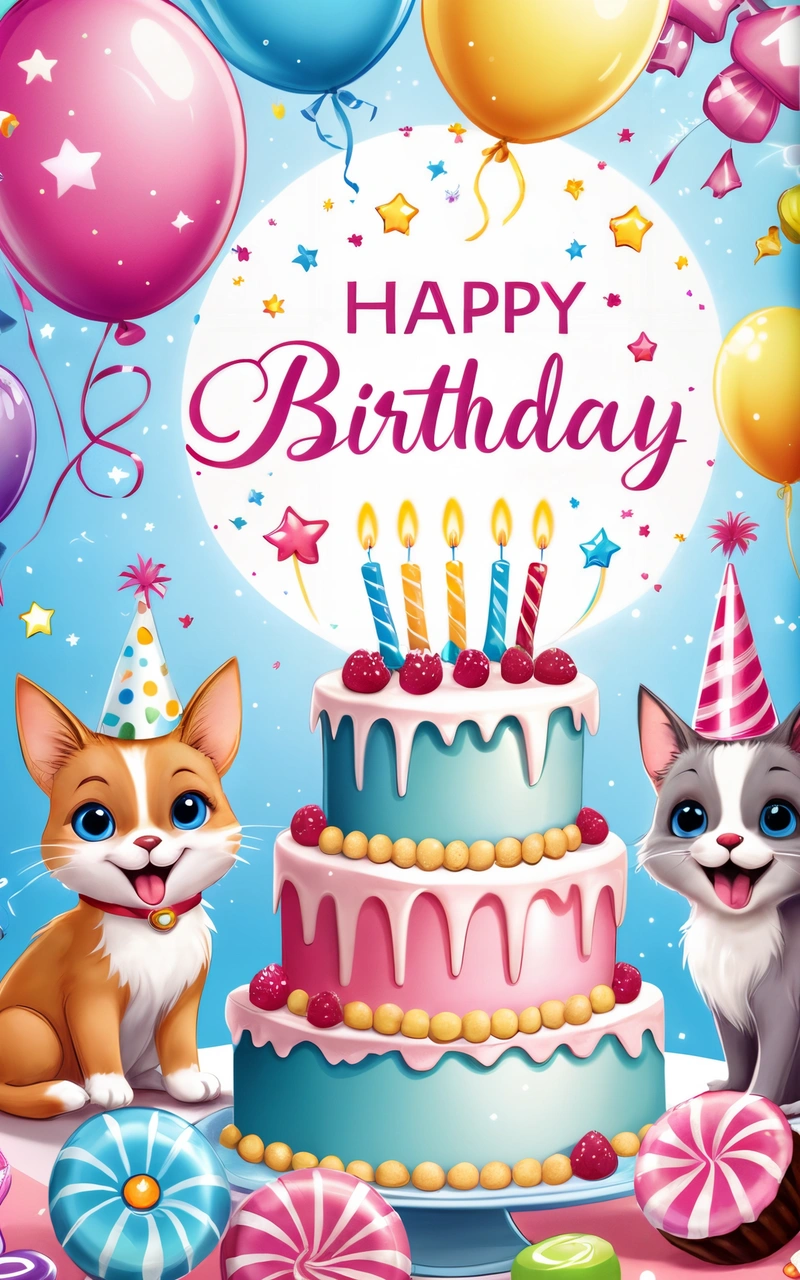 A Birthday card with two cats and a cake with candles and balloons on it, and a happy Birthday sign in the background with a cat and a cat, plain background, a pastel, naive art