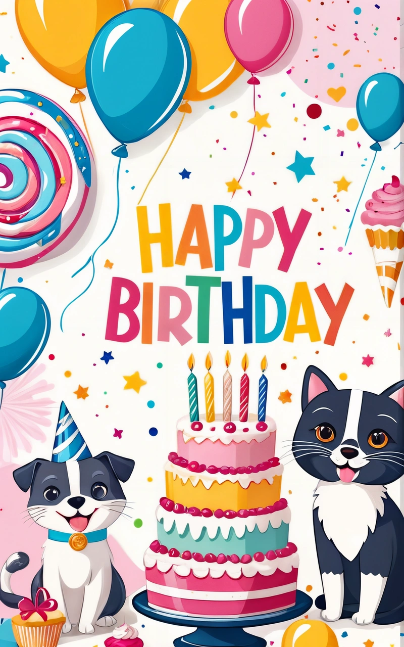 A Birthday card with two cats and a cake with balloons and streamers on it, and a happy Birthday message in the middle of the card, plain background, a pastel, naive art