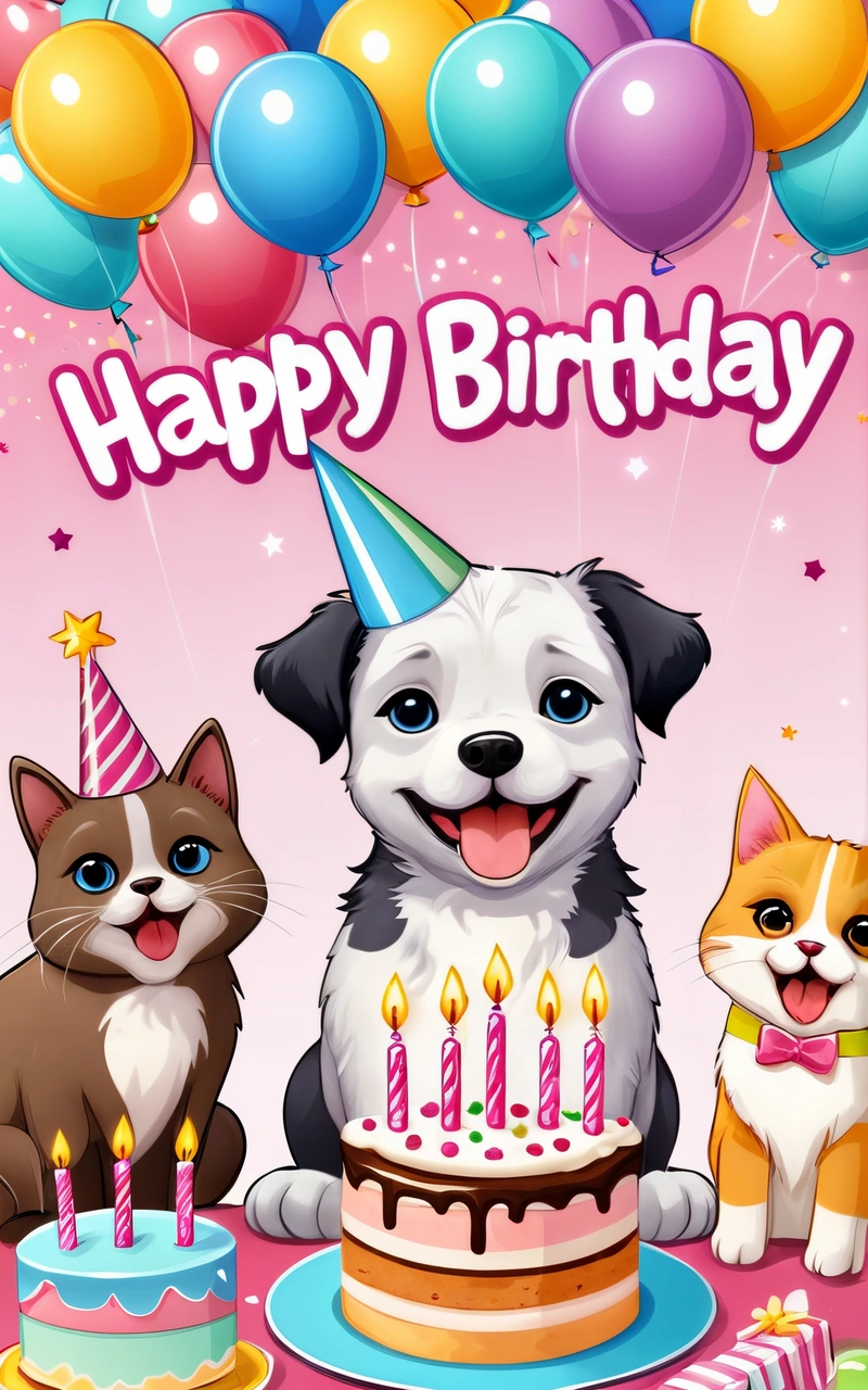 A Birthday card with a dog and cats sitting in front of a cake with candles and balloons on it, and a cat sitting next to the cake with a cat, cute and funny, a screenshot, furry art