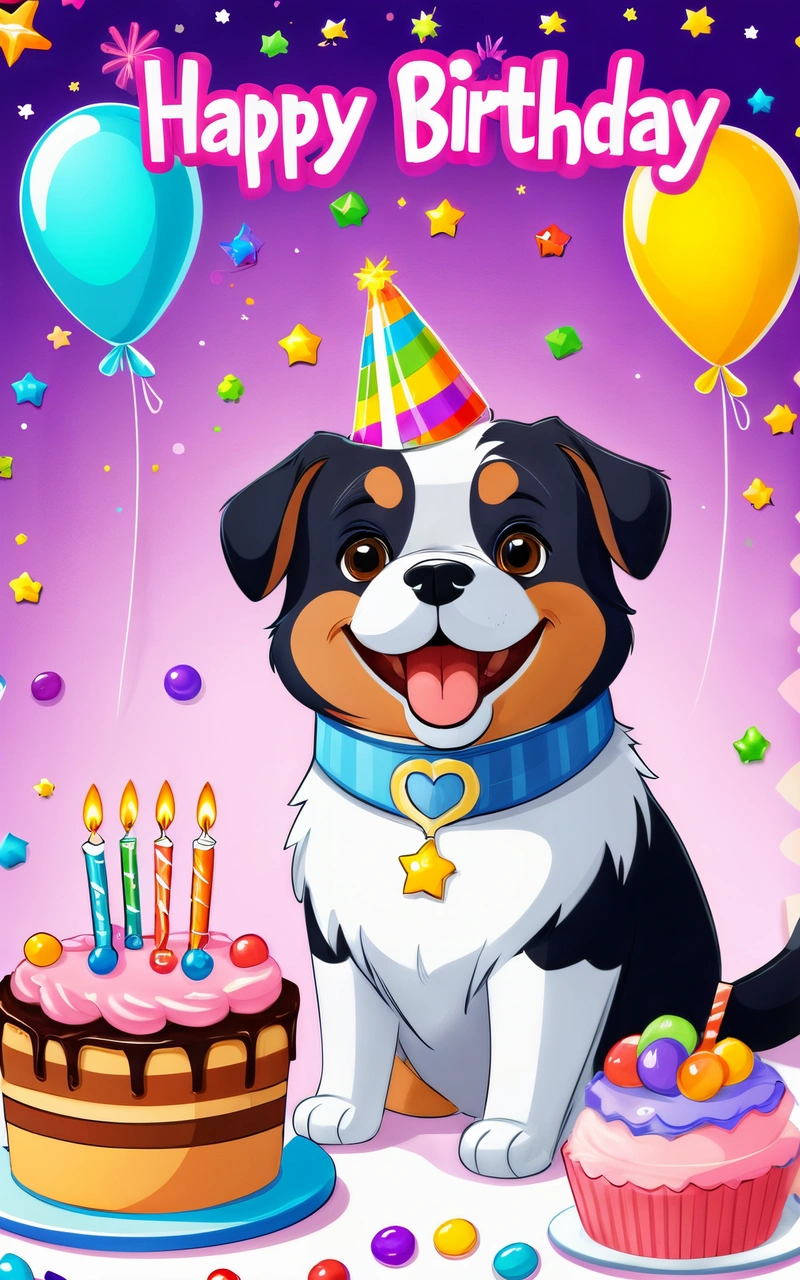 A dog with a Birthday hat and a cake with candles on it and balloons in the background with a happy Birthday message on it's card, highly detailed digital art, a pastel, furry art