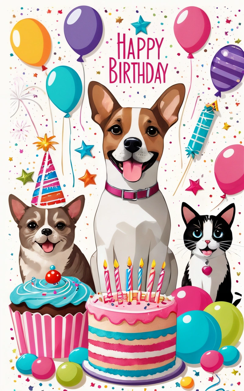 A Birthday card with a dog and two cats and a cake with candles and balloons on it and a happy Birthday message in the middle, animal photography, a poster, naive art