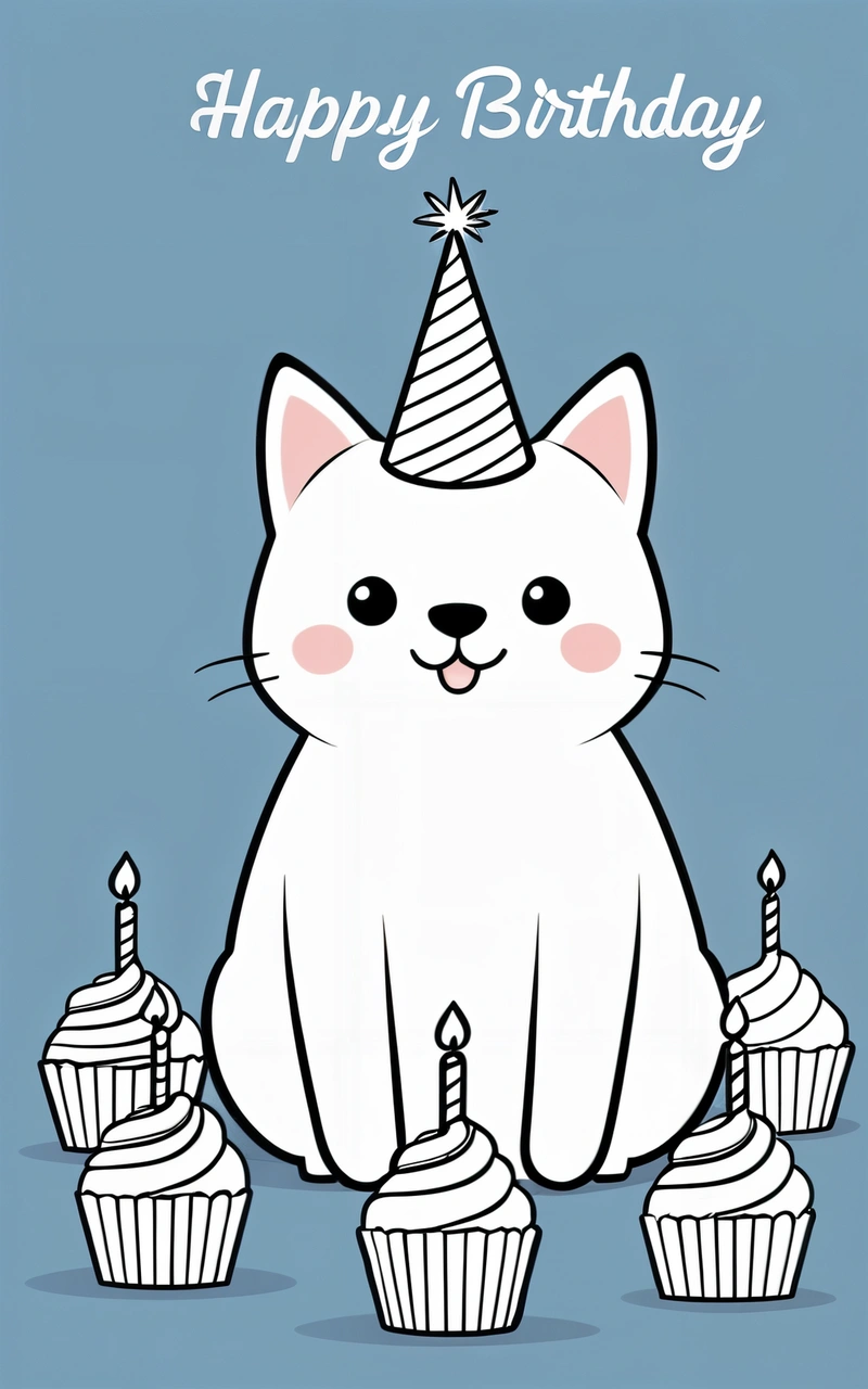 A white cat with a party hat and cupcakes on a blue background with a happy Birthday message in the middle of the image, happy, a pastel, pop surrealism