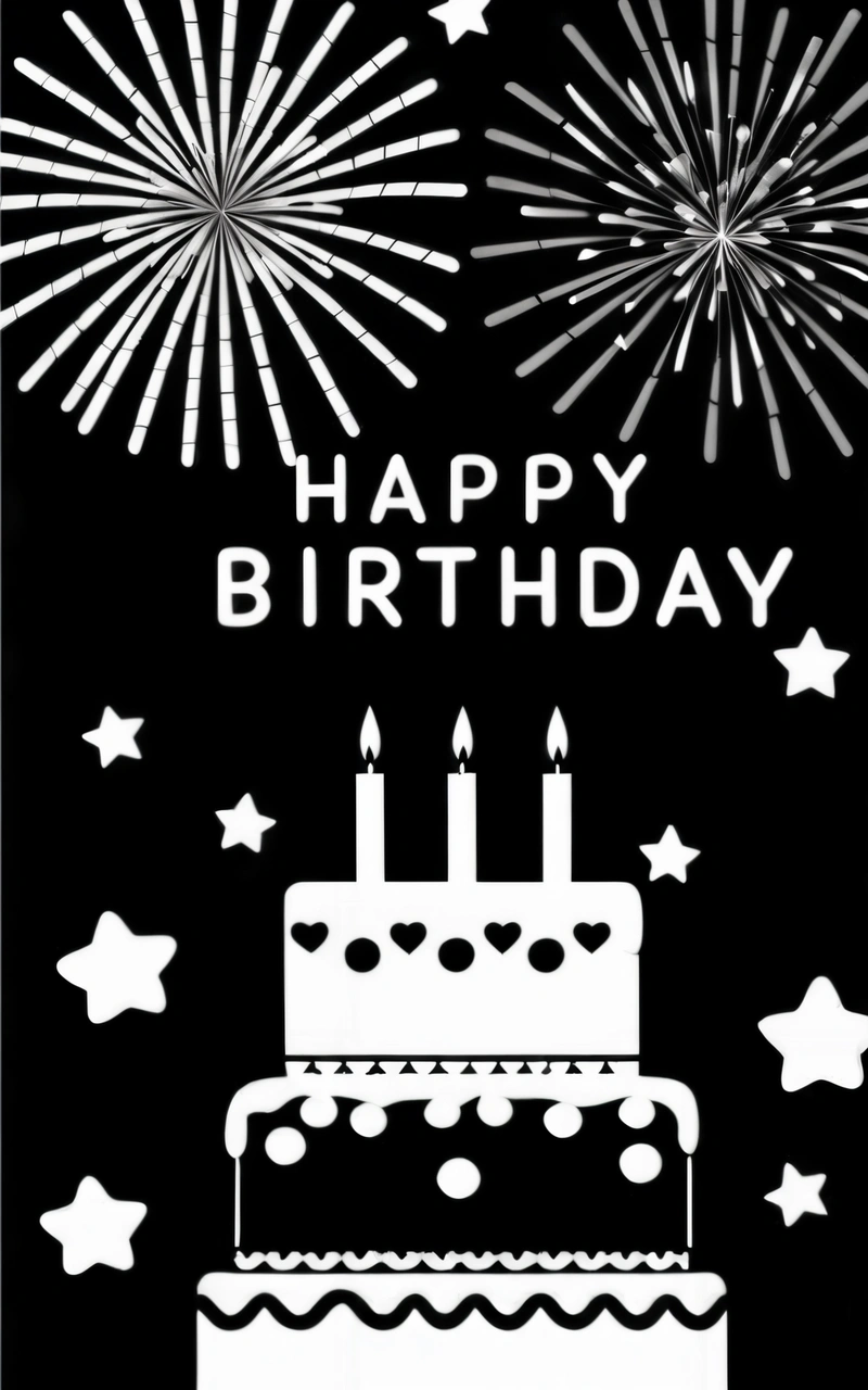 A Birthday card with a cake and fireworks on it, and the words happy Birthday written in white on a black background with stars and confetti, black background, a screenprint, international typographic style