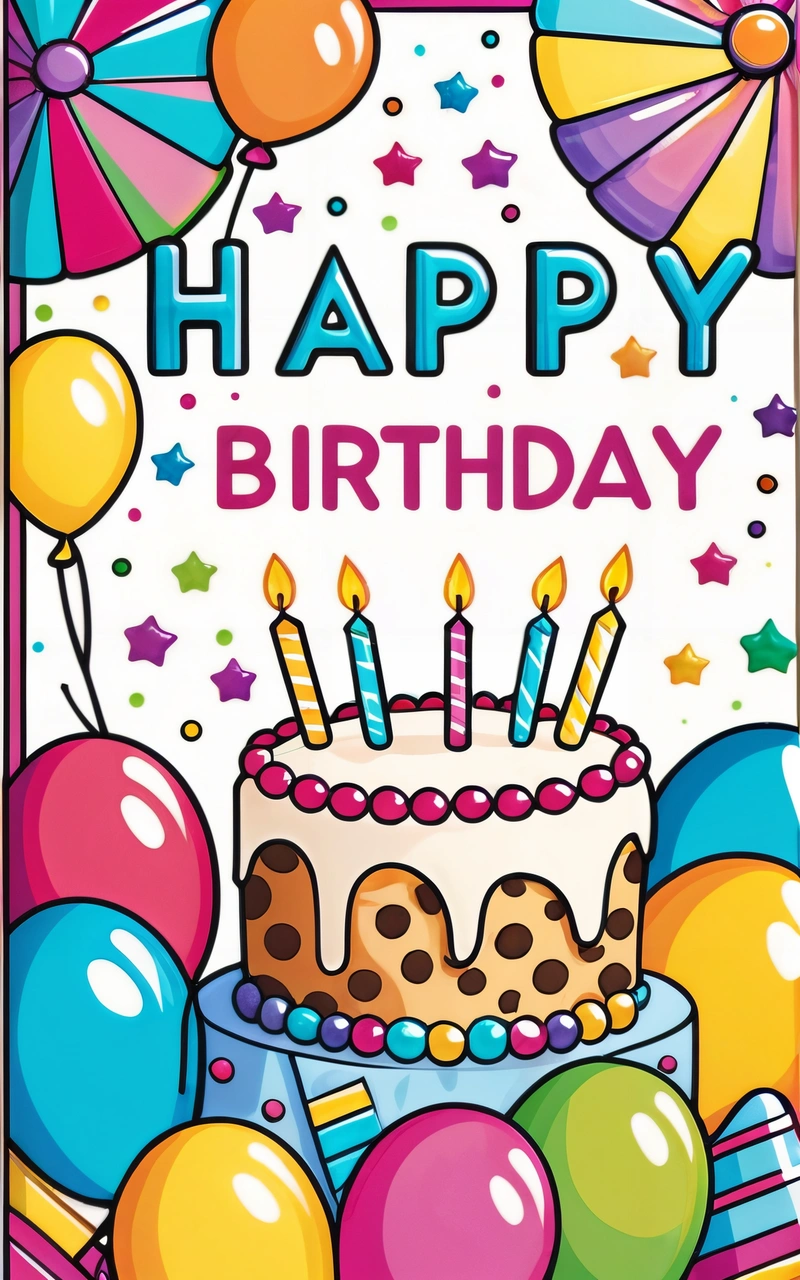 A Birthday card with a cake and balloons on it with the words happy Birthday written in the middle of the card and a bunch of balloons, plain background, a pastel, naive art