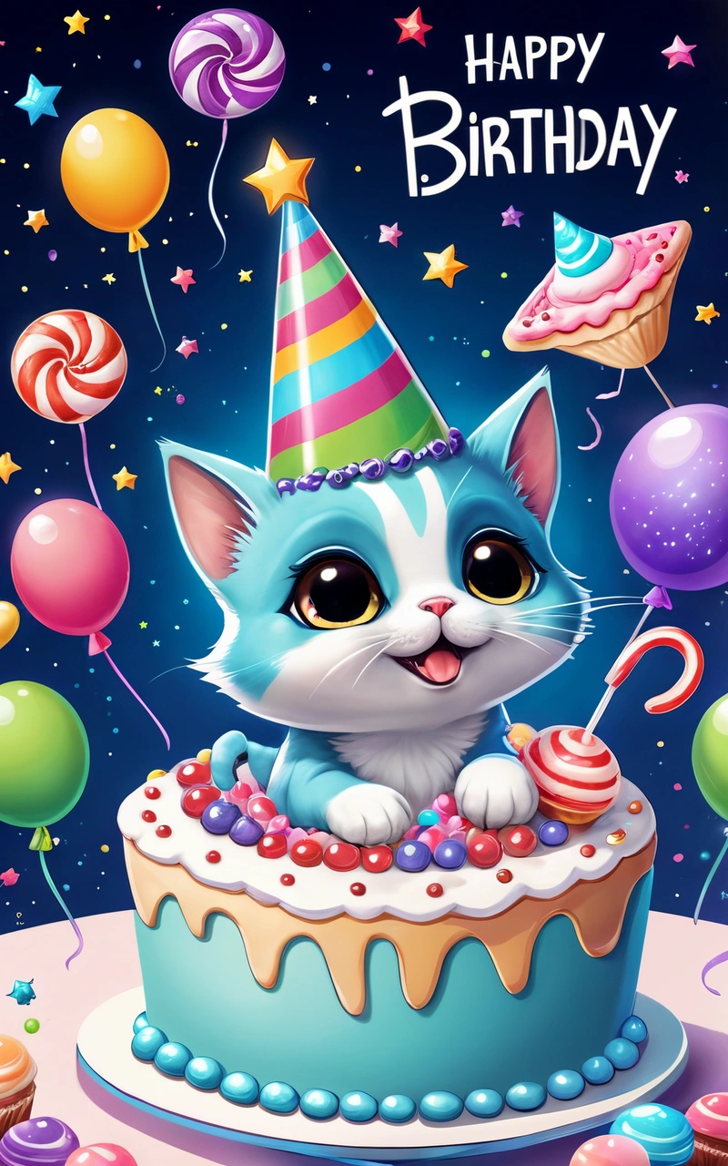 A cat with a Birthday hat sitting on top of a cake with balloons and confetti on it's side, with a happy Birthday message in the middle, cute and funny, a pastel, pop surrealism