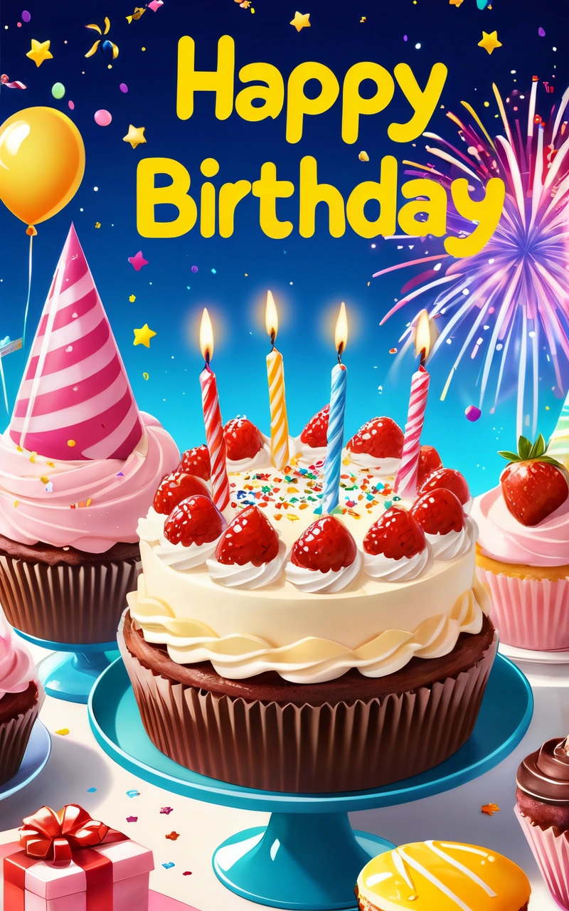 A Birthday card with cupcakes and candles and presents on a table with a blue background and fireworks and stars in the sky above, behance hd, a pastel, naive art