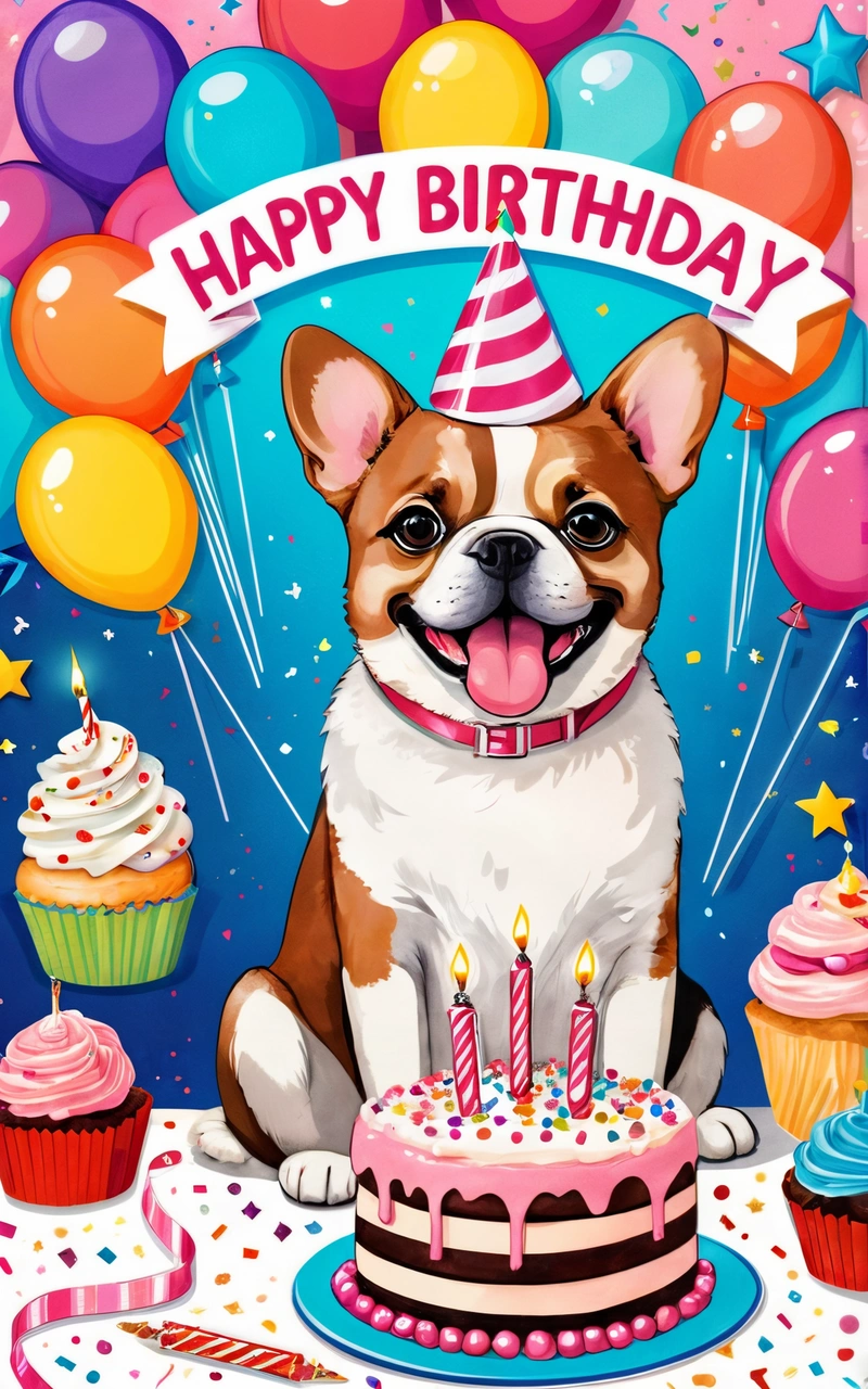 A dog is sitting in front of a Birthday cake with candles and balloons on it, with a banner that says happy Birthday to the dog, highly detailed digital art, a digital rendering, naive art