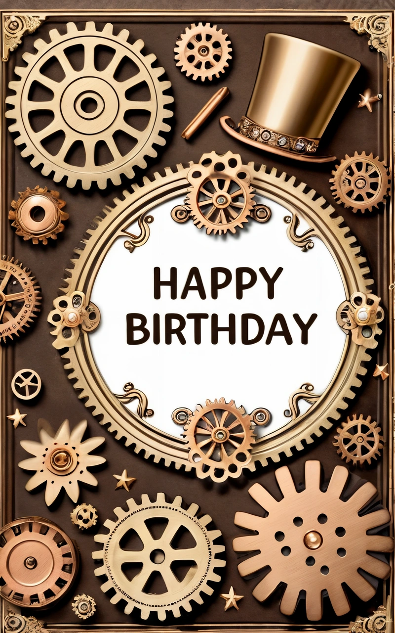A Birthday card with a top hat and gears on it, and the words happy Birthday written in a circle surrounded by gears and cogs, steampunk, a poster, international typographic style