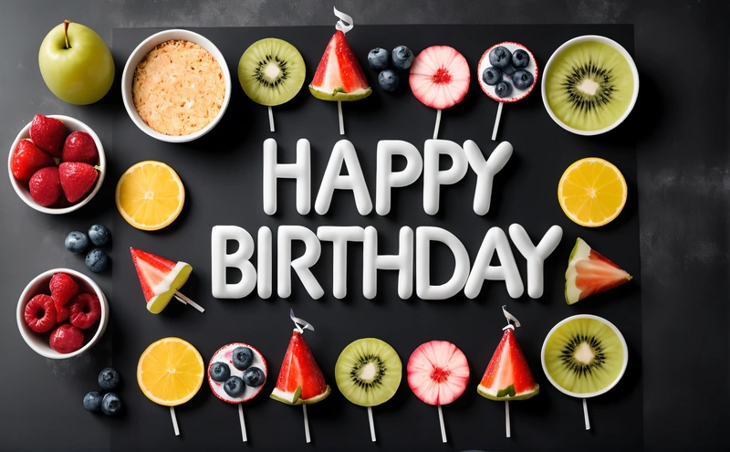 A Birthday card with fruit and a happy Birthday message in the middle of it with a variety of fruits and berries around it, all on a black background, hi - fructose, a pastel, international typographic style