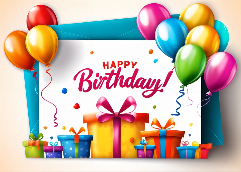 A Birthday card with balloons, presents and a gift box with a bow and ribbon on it, and a large white sign with the words happy Birthday, plain background, a digital rendering, international typographic style