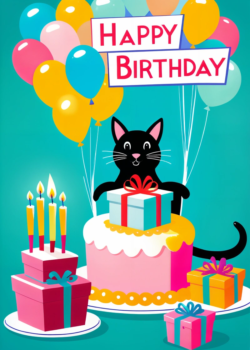 A cat sitting on a table with a Birthday cake and presents in front of it with balloons and a happy Birthday sign above it that reads happy Birthday, plain background, a pastel, naive art