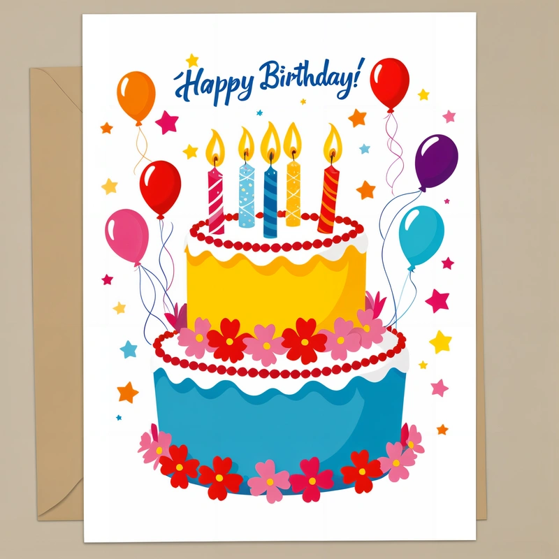 A Birthday card with a cake and balloons on it with a happy Birthday message on the front of the card, which reads, happy Birthday, paper texture, a pastel, international typographic style