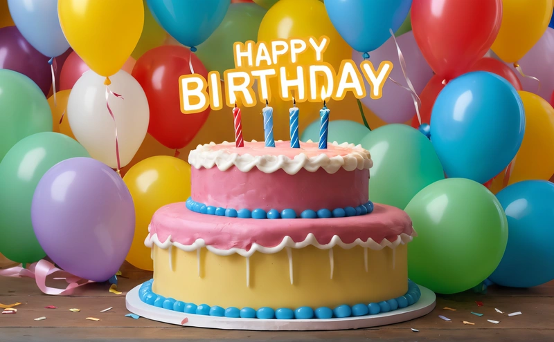 A Birthday cake with candles and balloons in the background with a happy Birthday message on top of it in front of a backdrop of balloons, plain background, a pastel, international typographic style