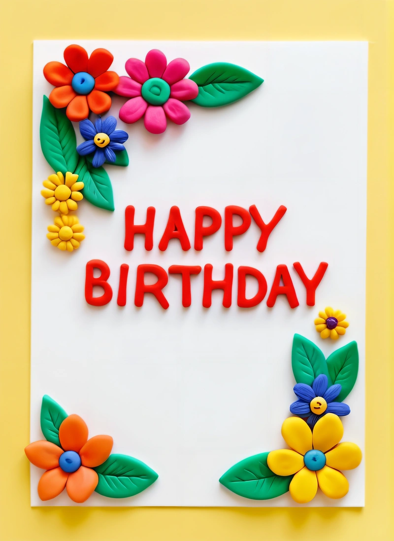 A Birthday card with flowers and the words happy Birthday on it in red and yellow letters on a white background with a yellow border around the card, paper texture, a pastel, naive art