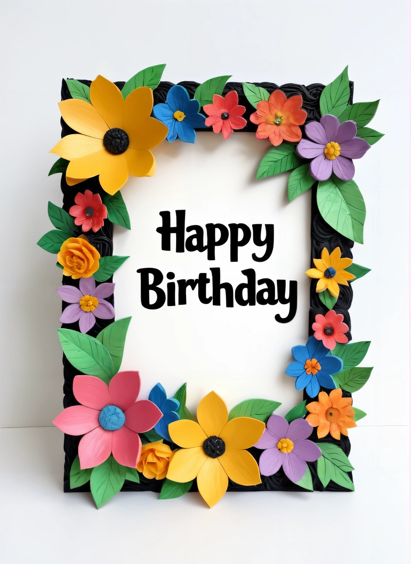 A Birthday card with flowers and a happy Birthday message in the middle of it, on a white background with a pink border around the edges, paper texture, a pastel, folk art