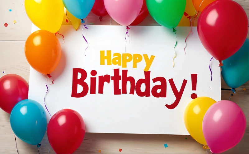 A Birthday card with balloons around it and a sign that says happy Birthday on it with a bunch of balloons around it on a wooden surface, plain background, a pastel, international typographic style