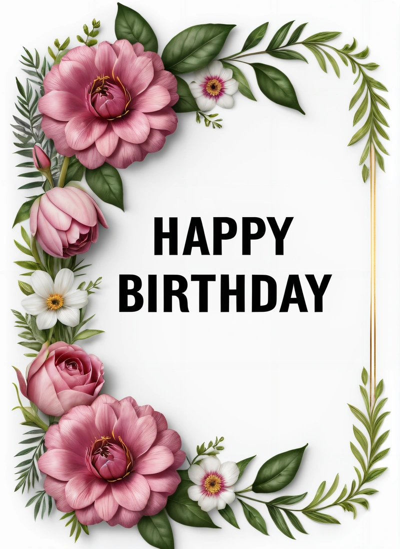 A Birthday card with pink flowers and greenery around it with the words happy Birthday on it in black lettering on a white background with a gold border, plain background, a poster, international typographic style