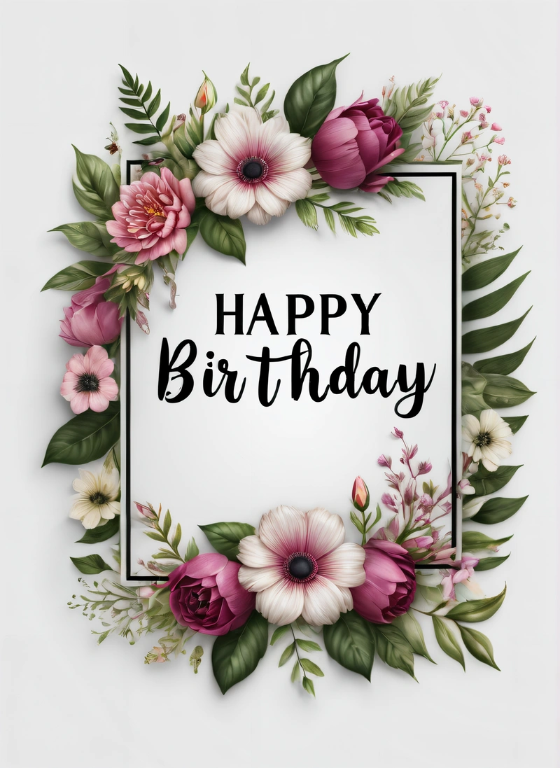 A happy Birthday card with flowers and leaves on it, with a white background and a black frame with the words happy Birthday written in it, plain background, a pastel, international typographic style