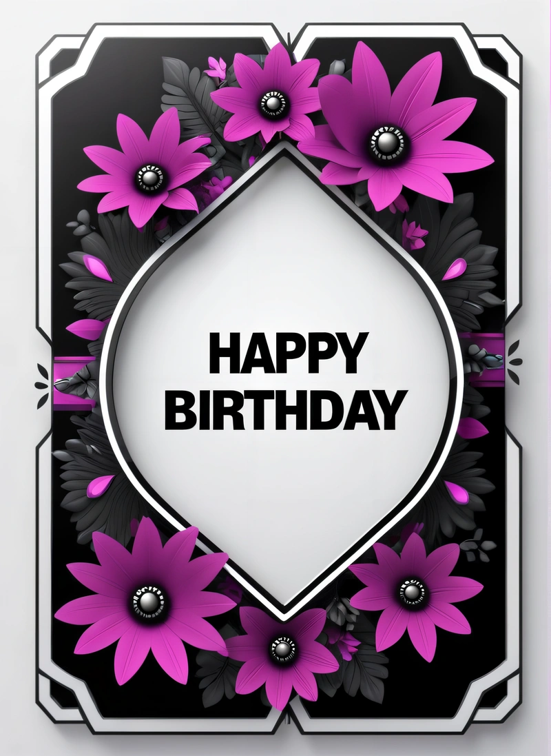 A happy Birthday card with pink flowers and a black frame with a white background and a black and white border with the words happy Birthday, colorful flat surreal design, a digital rendering, international typographic style