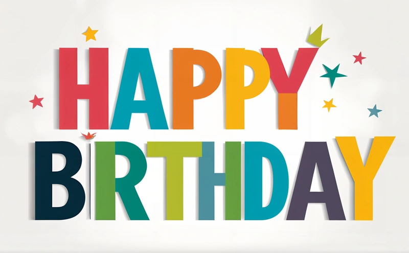 A happy Birthday card with stars and a rainbow text design on a white background with a white background and a white background with a white border, plain background, a pastel, international typographic style