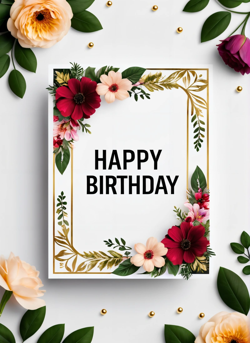 A card with a floral frame and the words happy Birthday on it surrounded by flowers and leaves on a white background with gold trimming, plain background, a wireframe diagram, international typographic style