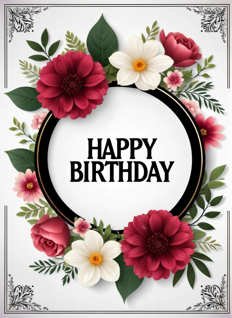 A Birthday card with flowers and a black circle frame on a white background with a black border and a black and white border with the words happy Birthday, plain background, a poster, international typographic style