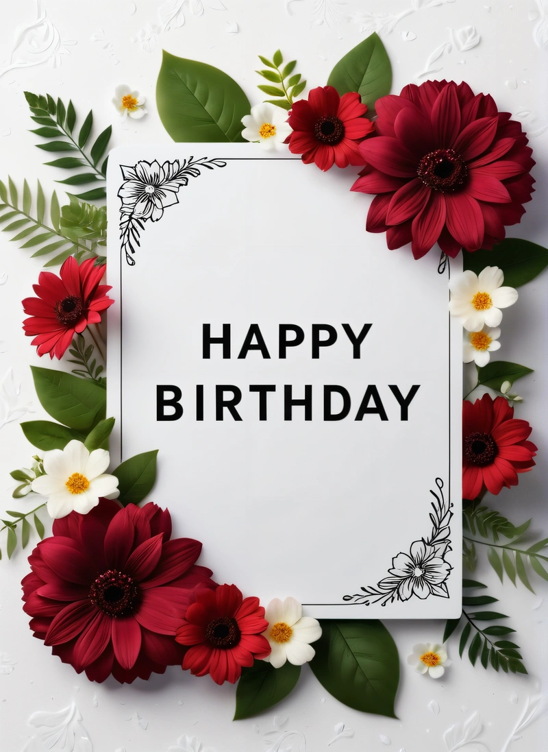 A white card with red flowers and green leaves around it that says happy Birthday on it, surrounded by green leaves and red flowers on the bottom, plain background, a wireframe diagram, international typographic style