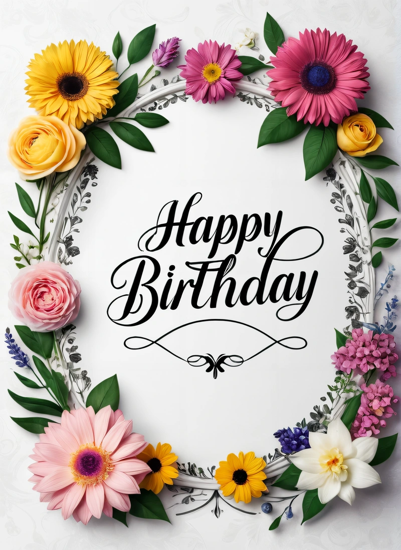 A Birthday card with flowers and a happy Birthday message in the middle of the card is a floral frame with a floral border around the card, plain background, a pastel, international typographic style