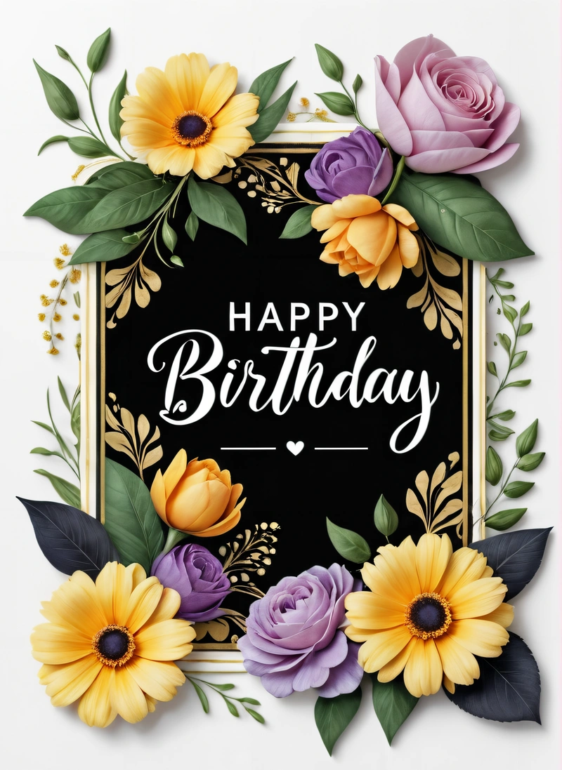 A Birthday card with flowers and leaves on it, with a black background and a gold frame with the words happy Birthday written in white, paper texture, a pastel, international typographic style