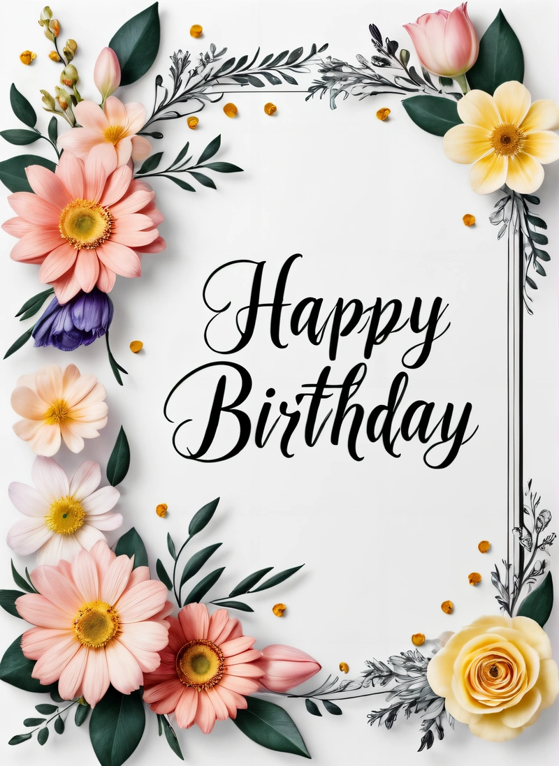 A Birthday card with flowers and leaves on it, with the words happy Birthday written in black on the front of the card and a white background, plain background, a pastel, international typographic style