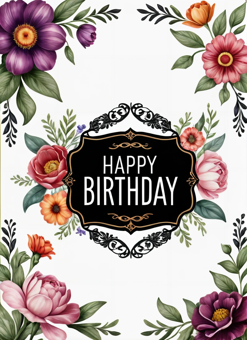 A Birthday card with flowers and a black frame with a happy Birthday message in the center of the card is a black and white frame with a black, plain background, a pastel, international typographic style