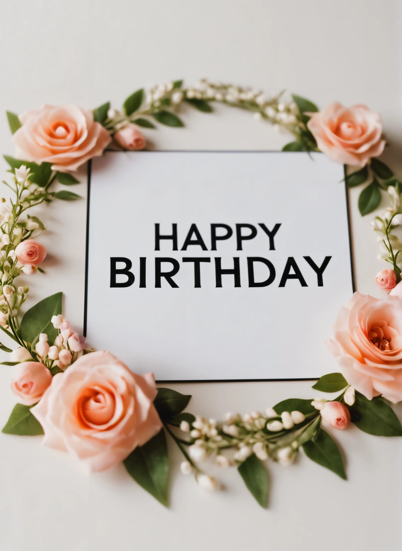 A happy Birthday card surrounded by flowers and greenery on a white surface with a black frame with the words happy Birthday written on it, plain background, a pastel, international typographic style