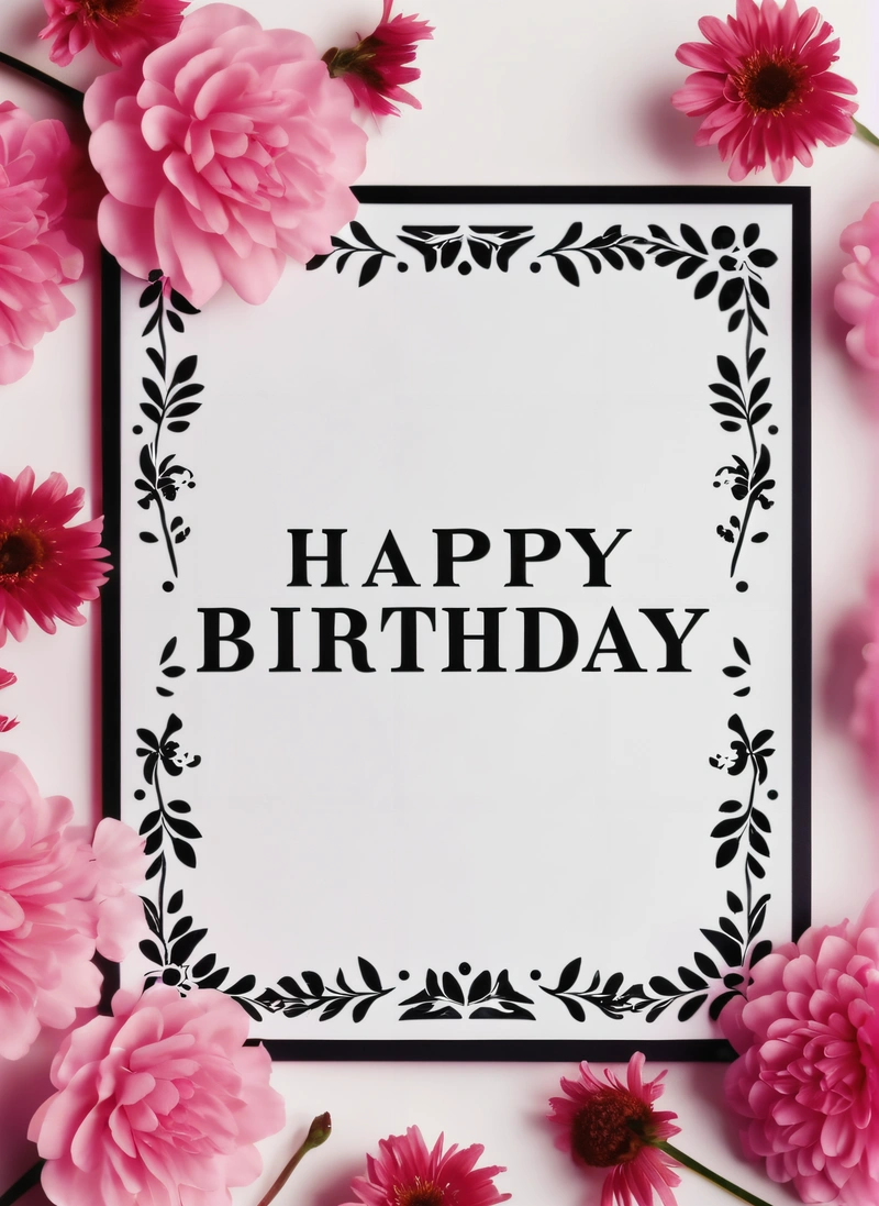 A Birthday card with pink flowers surrounding it and a black frame with the words happy Birthday on it in black lettering on a white background, plain background, a pastel, international typographic style