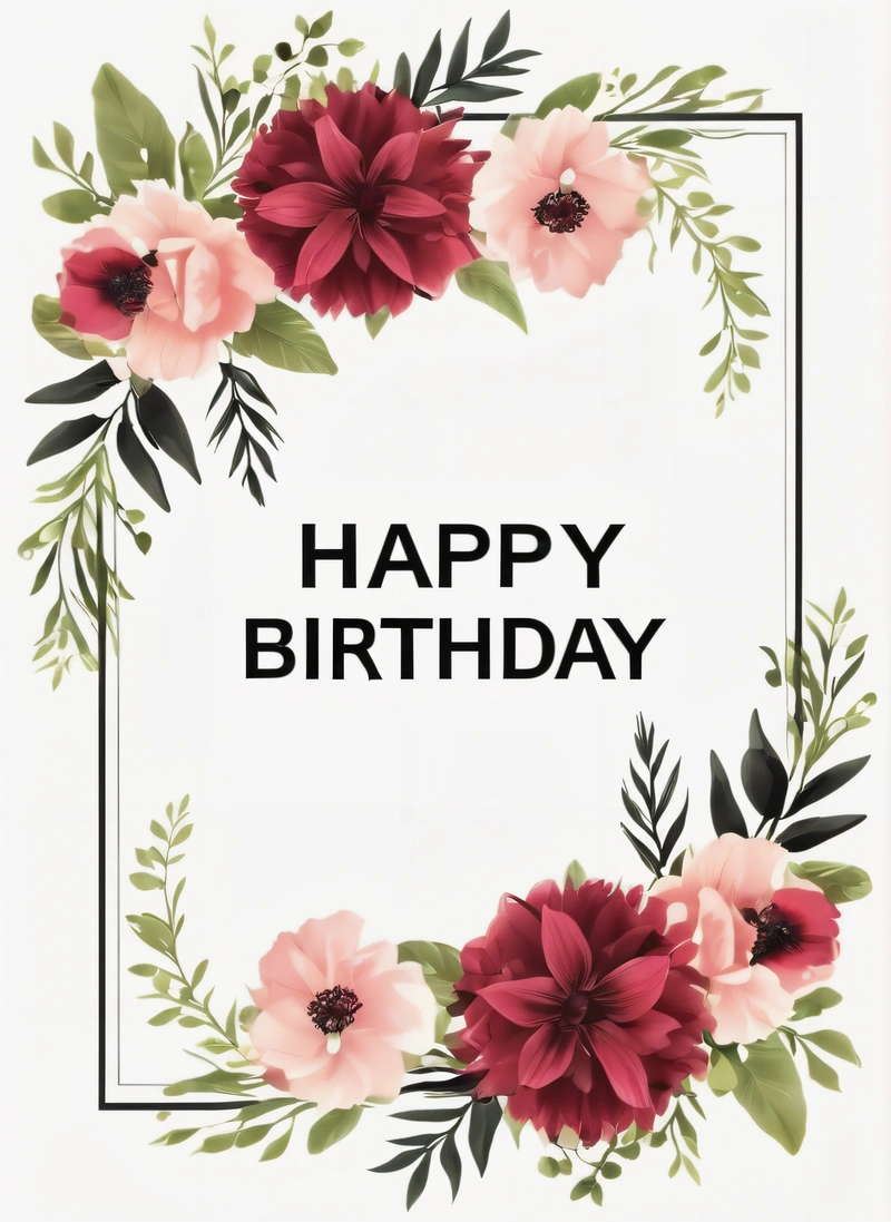 A happy Birthday card with flowers and leaves on it, with the words happy Birthday written in black on the front of the card and bottom, plain background, a poster, international typographic style