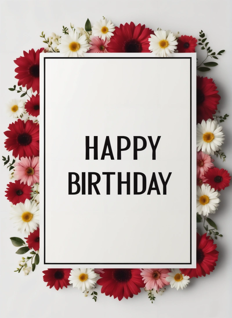 A happy Birthday card surrounded by daisies and daisies on a white background with a black border around the card reads happy Birthday,, plain background, a pastel, international typographic style
