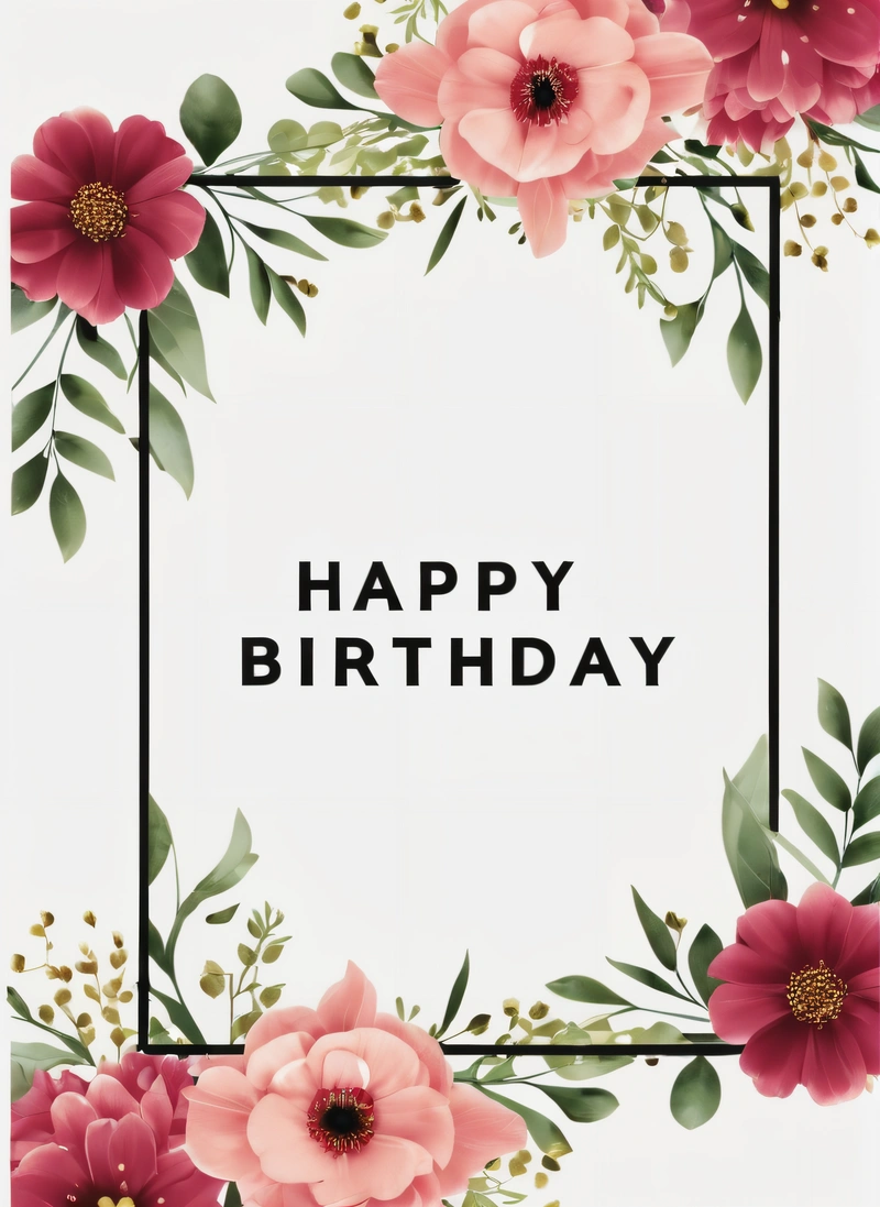 A Birthday card with flowers and leaves on it, with the words happy Birthday written in black on the front of the card and a white background, plain background, a wireframe diagram, international typographic style