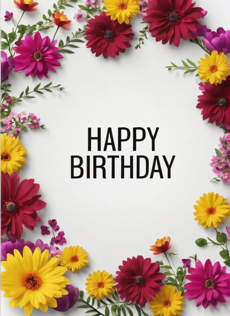 A Birthday card with a bunch of flowers around it and the words happy Birthday written in black on the card in the center of the card, plain background, a pastel, international typographic style