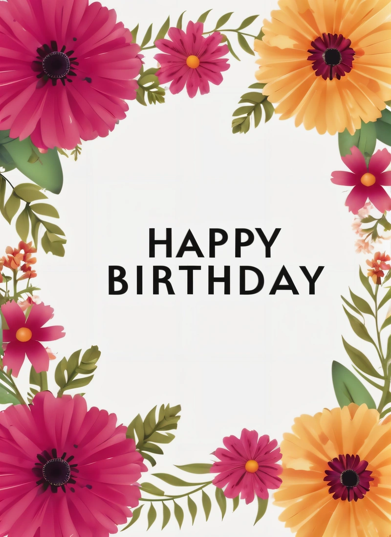 A Birthday card with flowers and leaves on it, with the words happy Birthday written in the center of the card, in a white background, plain background, a pastel, international typographic style