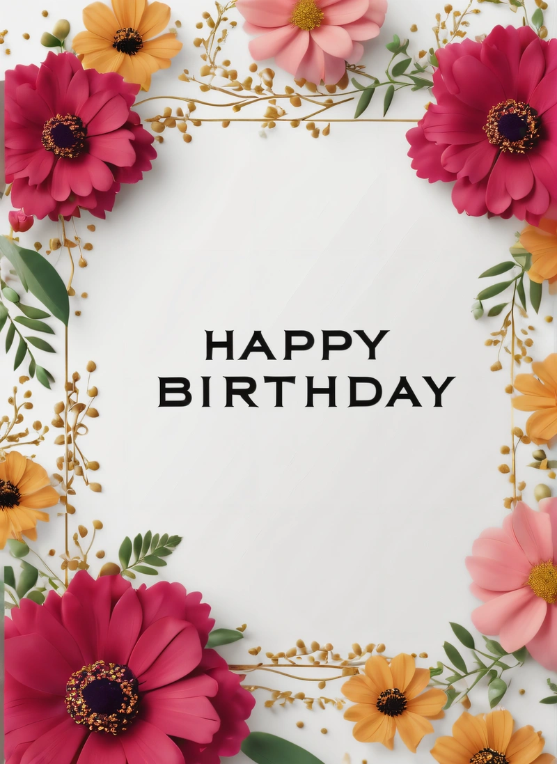 A Birthday card with flowers and a white background with a black text that reads happy Birthday on it's front corner and bottom corner, plain background, a pastel, international typographic style