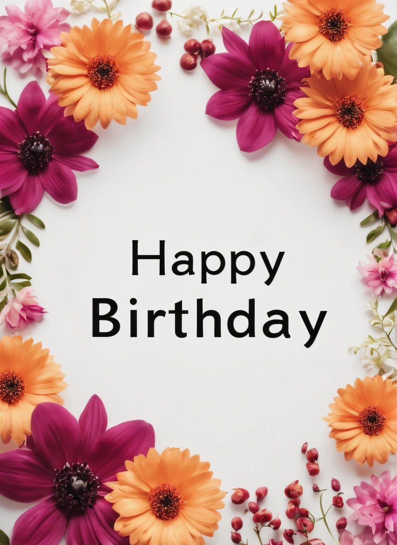 A Birthday card with flowers and a message that reads happy Birthday on it's front cover of a white card with a black lettering, plain background, a pastel, international typographic style