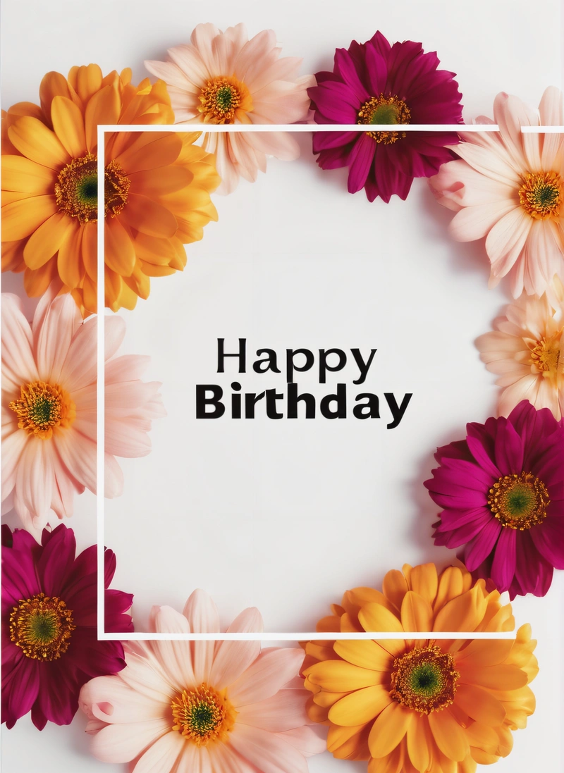 A square frame with flowers surrounding it that says happy Birthday on a white background with a white square frame in the middle of the frame, plain background, a pastel, international typographic style