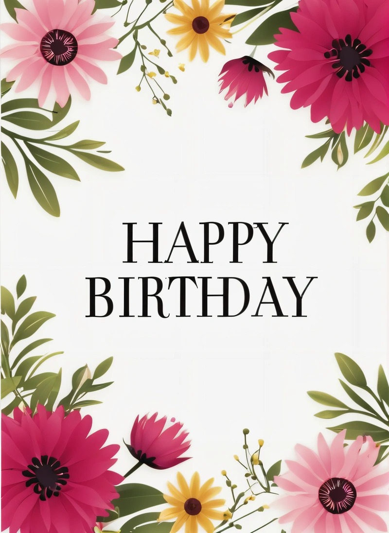 A Birthday card with a floral border and a happy Birthday message in the center of the card is a white background with a black and red border, plain background, a pastel, international typographic style