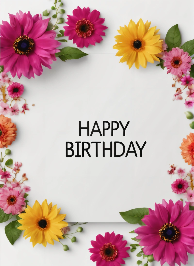 A Birthday card with flowers and a white background with the words happy Birthday written in black on it and a white background with a border, plain background, a pastel, international typographic style